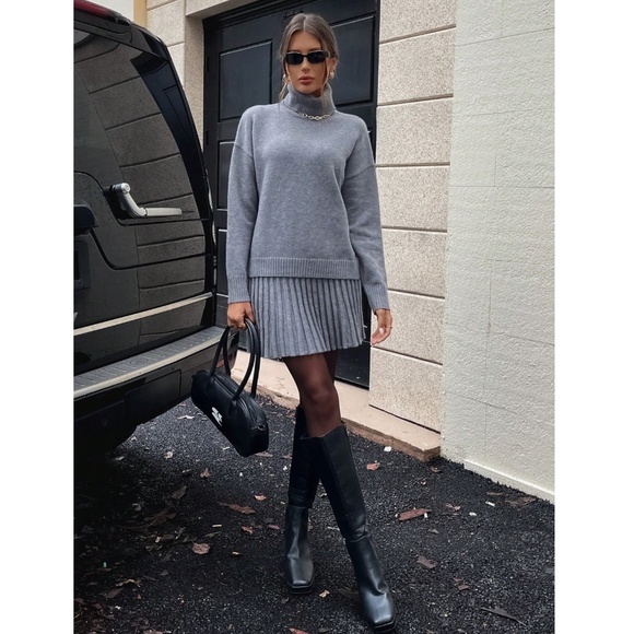 Grey Knit 2 Piece Set Turtleneck Sweater And Pleated Mini Skirt - Picture 5 of 11